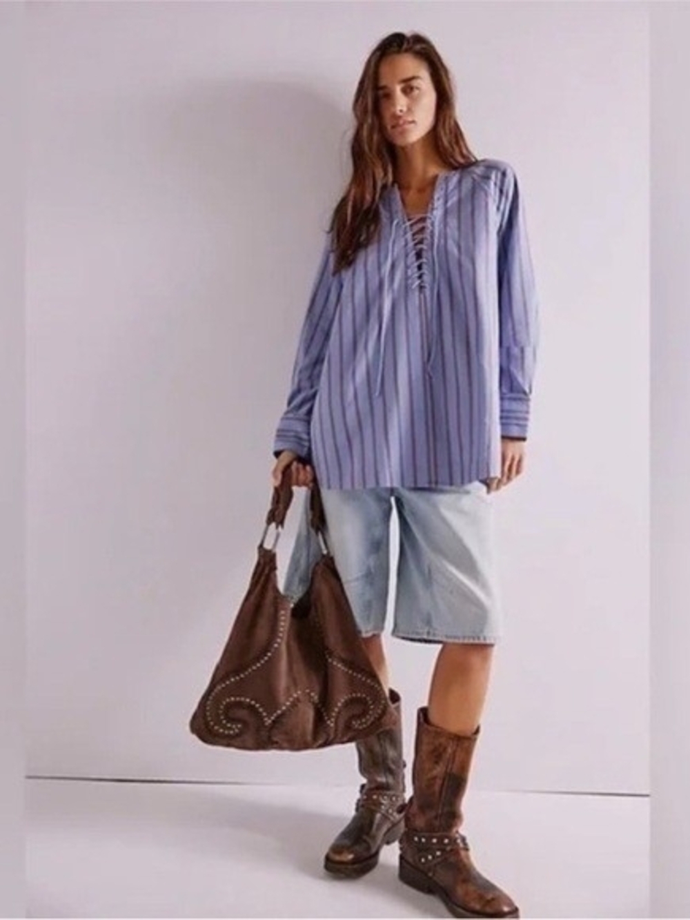 We The Free Blue Striped Lace-Up Tunic